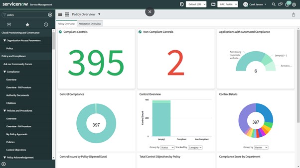 Screenshot of ServiceNow Integrated Risk Management dashboard
