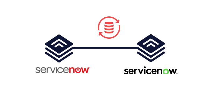 Two database icons with one old ServiceNow logo, one new. A line connects them, data sync icon above line