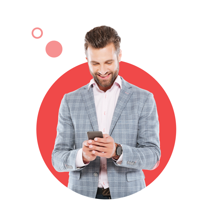 Man in blouse and jacket looking on his phone popping out of red circle