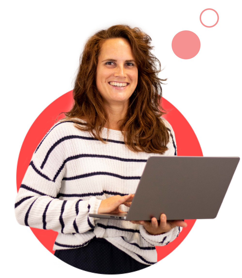 Female colleague holding laptop in red circle