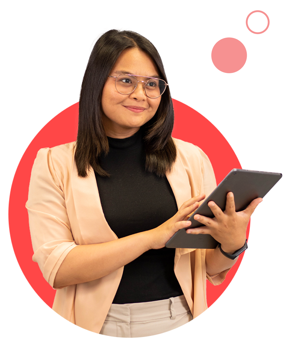 Female colleague with glasses holding tablet popping out of red circle