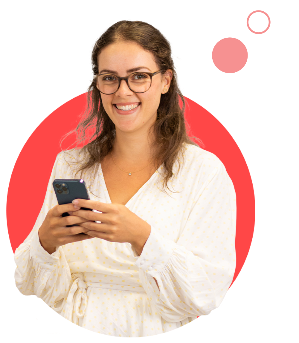 Female colleague with glasses on mobile phone popping out of red circle