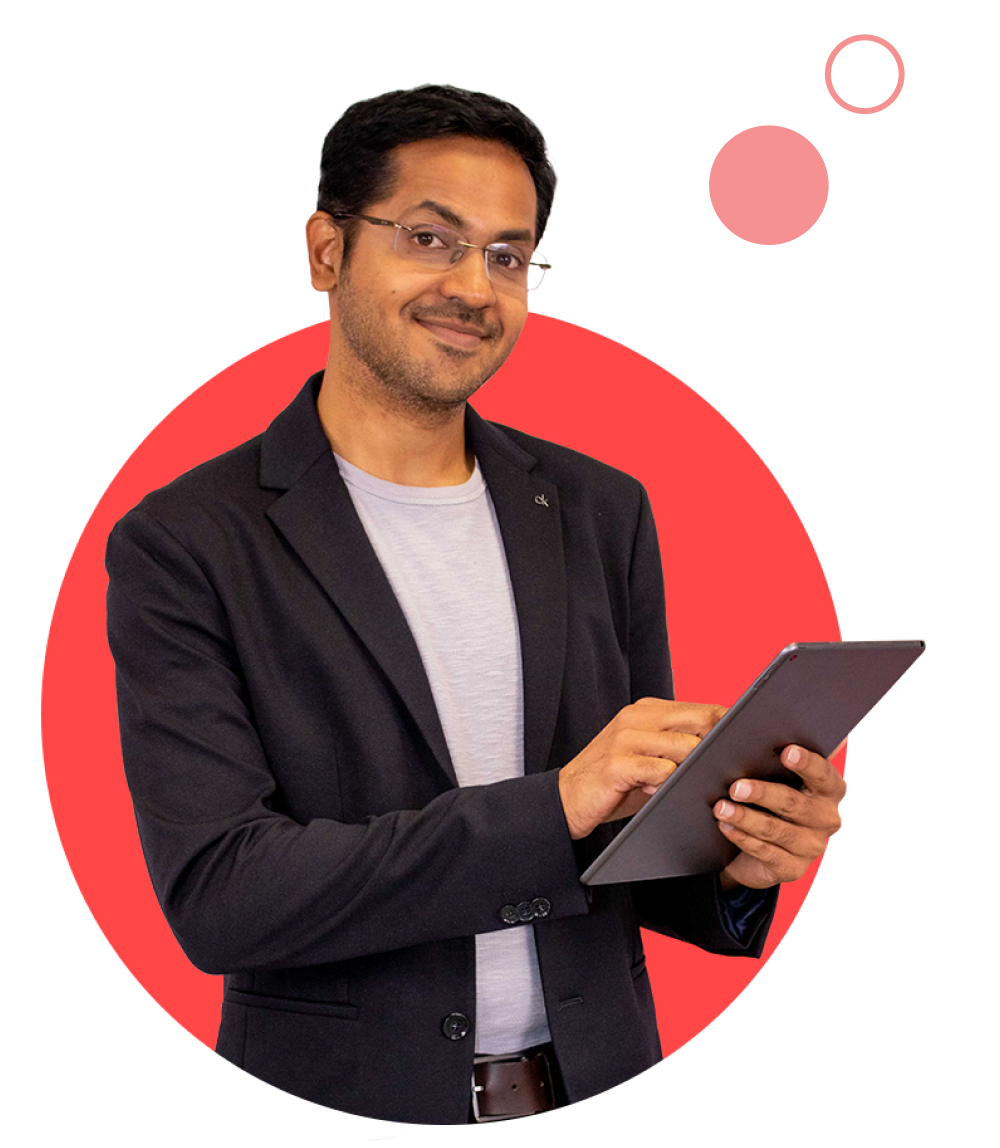 Male colleague with glasses and tablet in his hands in red circle