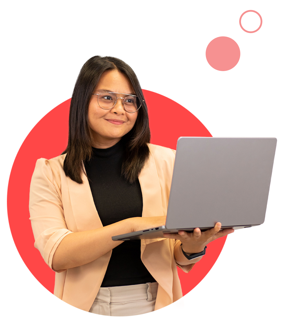 Female colleague with laptop in her hands looking away, popping from red circle