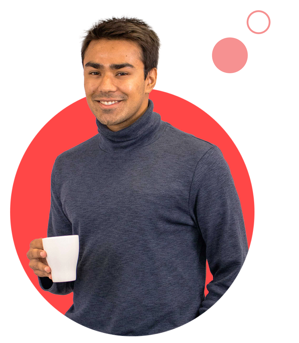 Colleague in red circle holding a white coffee mug