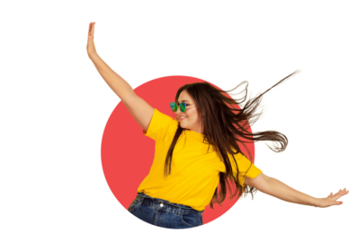 Girl in yellow shirt and jeans with arms spread wide, dark brown hair and spreading her arms wide dancing