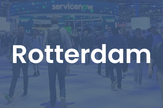 ServiceNow Exhibition overview picture with dark blue overlay and the city name of Rotterdam in white