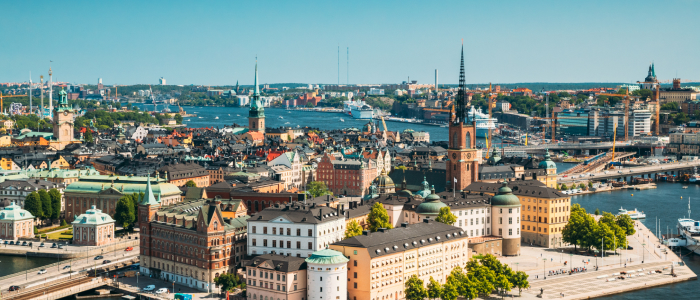 Skyline of Stockholm, image of multiple buildings and clear blue sky. Feature image for plat4mation new office in Sweden