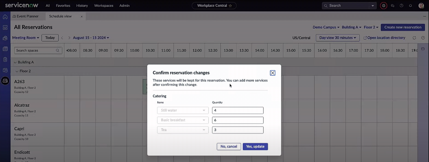 Screenshot ServiceNow Xanadu Release: WSD: Making changes to reservations