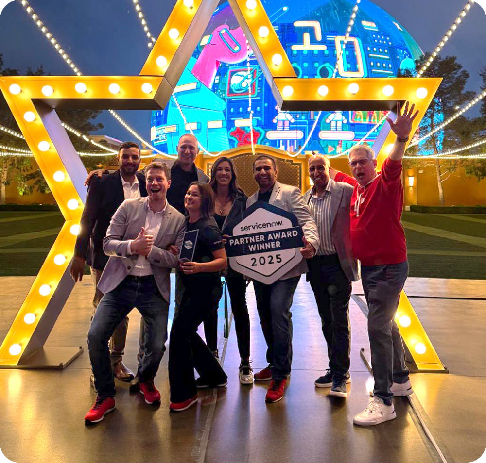 Plat4mation team standing infront of a huge star decoration, holding the servicenow partner award for 2025
